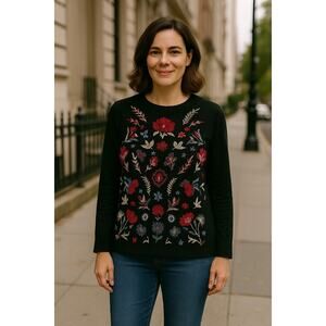 J Jill Dark Floral Embroidered Sweater Womens Size XS Long Sleeve Black Cottage